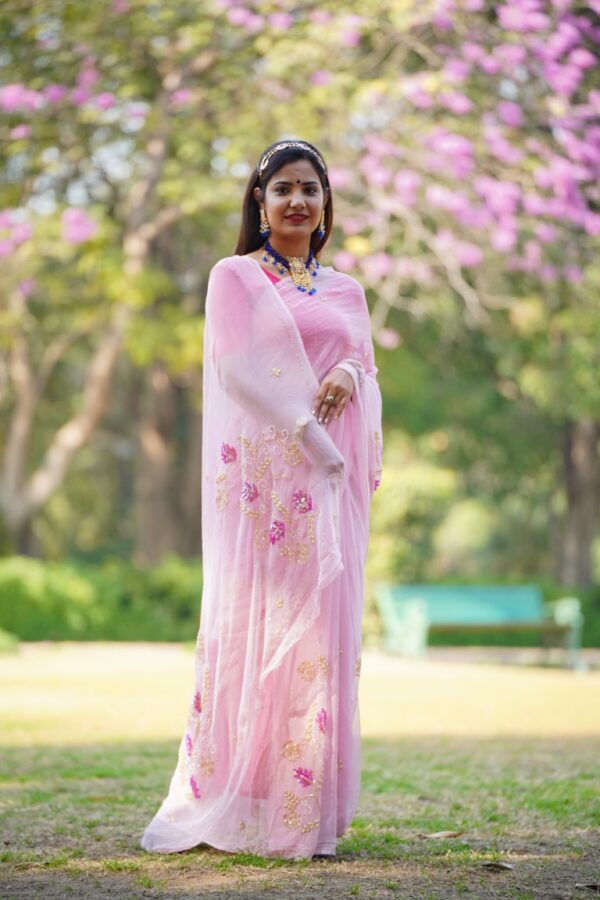रम्यावर्णा - Hand Embroidered Diamond Chiffon Saree with Pearl and Sequin Detailing