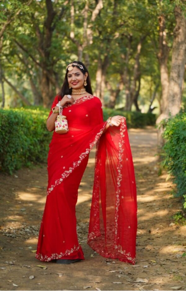 राज रूपिणी - Hand Embroidered Red Diamond Chiffon Sare