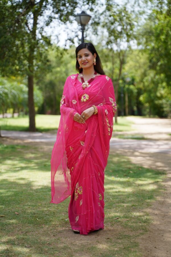 Fuchsia Pink Diamond Chiffon Saree with Hand-Embroidered Sequin and Thread Floral Work