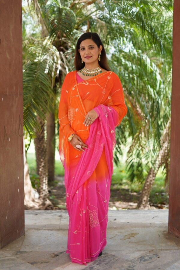 Orange-Pink Hand-Embroidered Diamond Chiffon Saree with Katdana Jaal Work