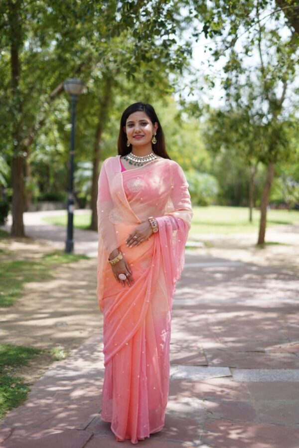 Peach-Pink Hand Embroidered Diamond Chiffon Saree with Mirror Work Detailing