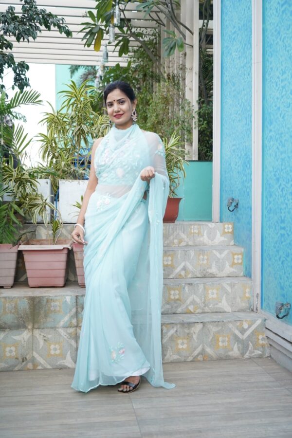 Pastel Blue Hand Embroidered Diamond Chiffon Saree with Thread work