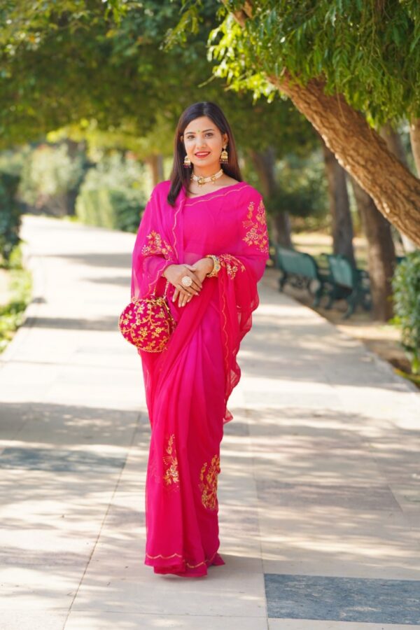 Bright Pink Hand Embroidered Diamond Chiffon Saree with Golden Zari Work