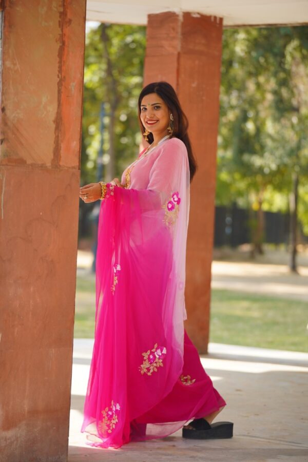 गुलबहार - Hand Embroidered Pink Ombre Diamond Chiffon Saree