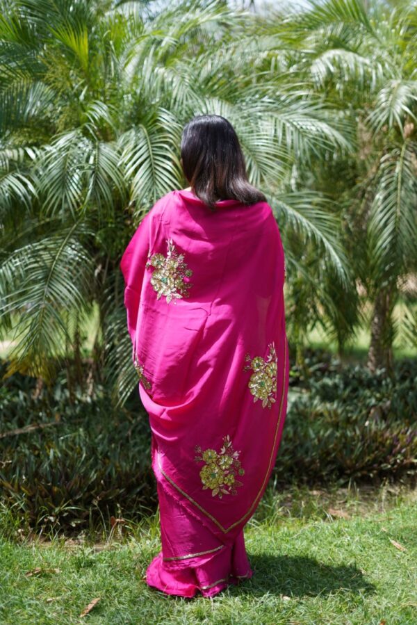 Fuchsia Pink Satin Organza Hand-Embroidered Saree with Floral Sequin and Cutdana Work - Image 2