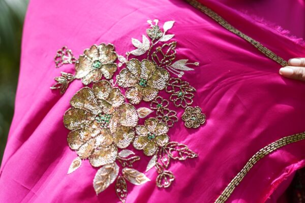 Fuchsia Pink Satin Organza Hand-Embroidered Saree with Floral Sequin and Cutdana Work - Image 4