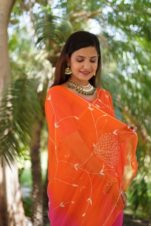 Orange-Pink Hand-Embroidered Diamond Chiffon Saree with Katdana Jaal Work - Image 3