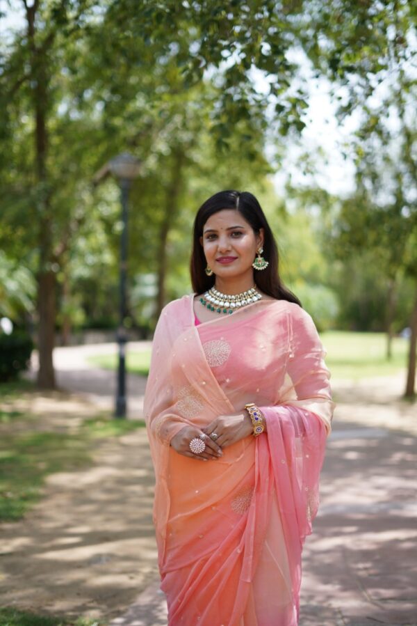 Peach-Pink Hand Embroidered Diamond Chiffon Saree with Mirror Work Detailing - Image 5