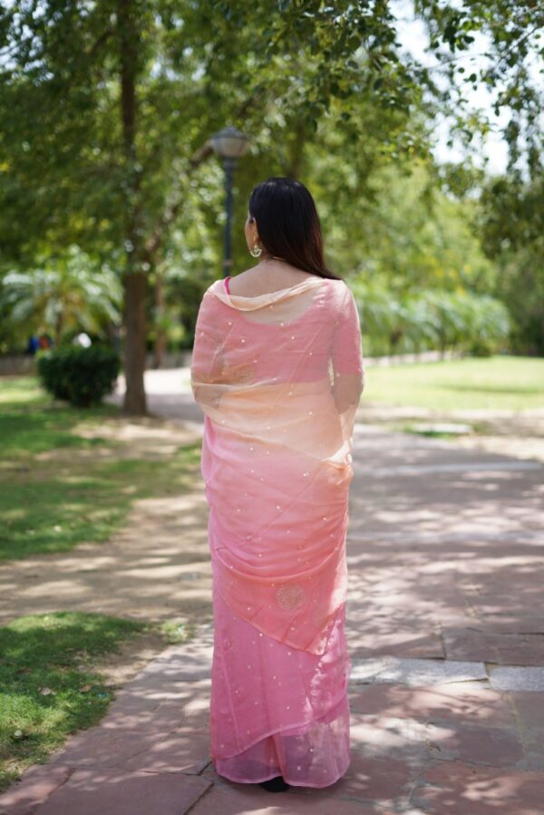 Peach-Pink Hand Embroidered Diamond Chiffon Saree with Mirror Work Detailing - Image 2