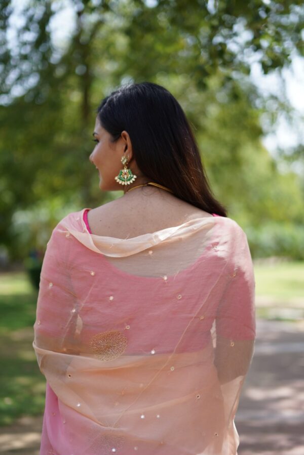 Peach-Pink Hand Embroidered Diamond Chiffon Saree with Mirror Work Detailing - Image 3