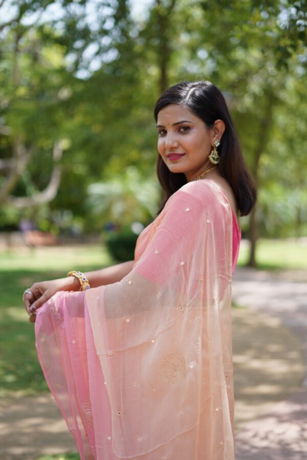 Peach-Pink Hand Embroidered Diamond Chiffon Saree with Mirror Work Detailing - Image 4