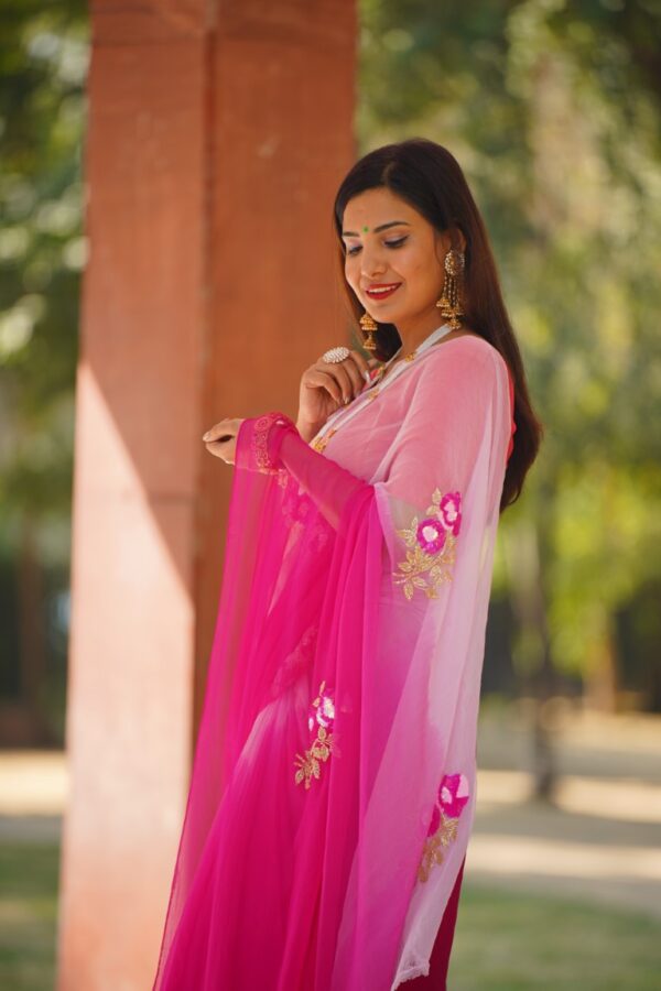 गुलबहार - Hand Embroidered Pink Ombre Diamond Chiffon Saree - Image 2
