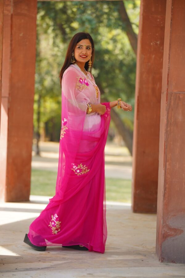 गुलबहार - Hand Embroidered Pink Ombre Diamond Chiffon Saree - Image 3