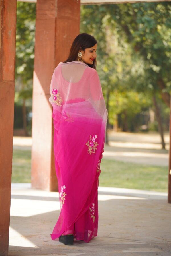 गुलबहार - Hand Embroidered Pink Ombre Diamond Chiffon Saree - Image 4