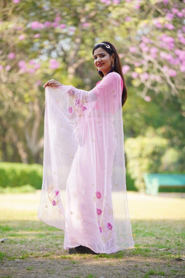 रम्यावर्णा - Hand Embroidered Diamond Chiffon Saree with Pearl and Sequin Detailing - Image 3