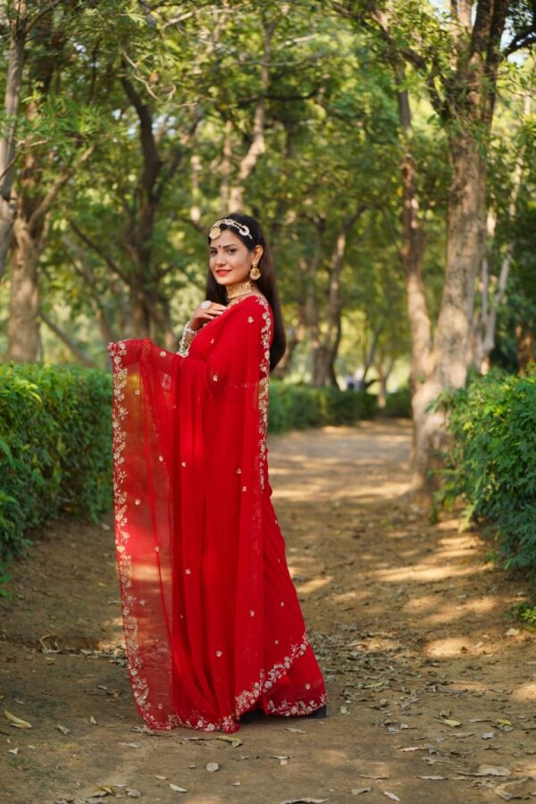 राज रूपिणी - Hand Embroidered Red Diamond Chiffon Sare - Image 4