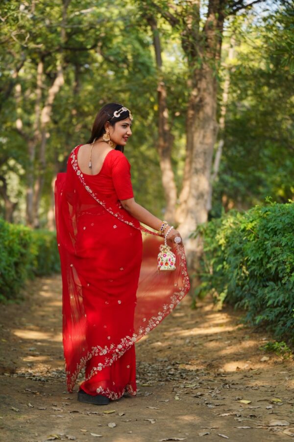 राज रूपिणी - Hand Embroidered Red Diamond Chiffon Sare - Image 2