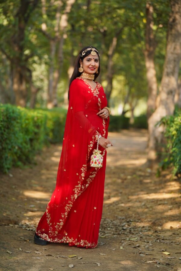 राज रूपिणी - Hand Embroidered Red Diamond Chiffon Sare - Image 3