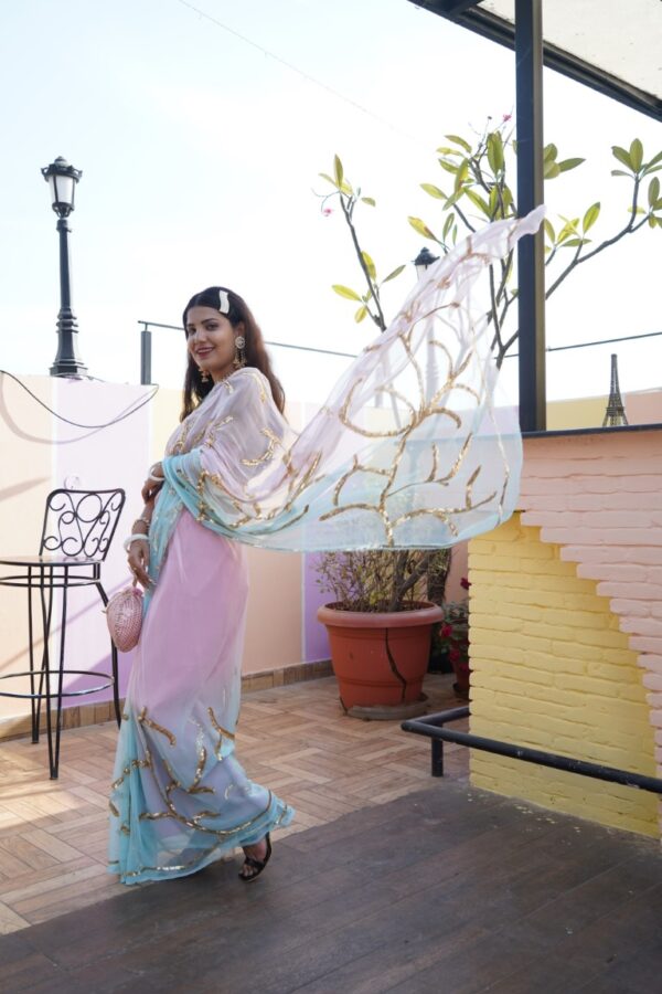 स्वर्णलता - Designer Sequin Jaal Work Chiffon Saree - Image 3
