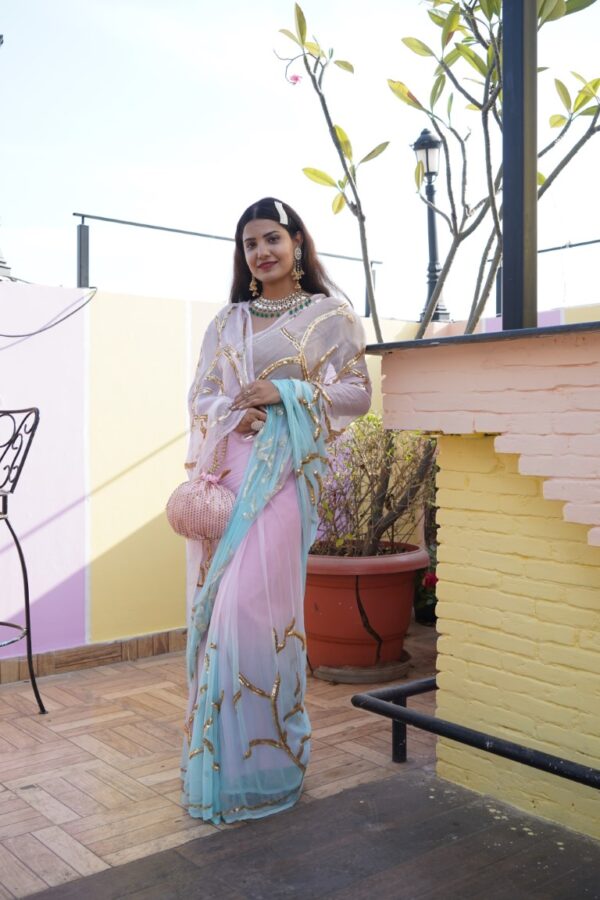 स्वर्णलता - Designer Sequin Jaal Work Chiffon Saree - Image 4