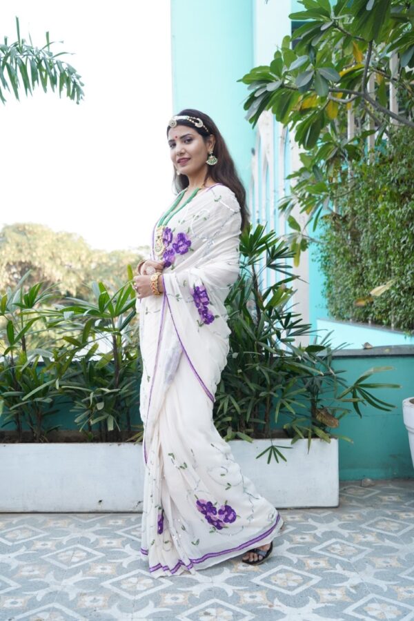 Elegant georgette Saree with Sequins Floral Jaal Work Hand Embroidery - Image 2