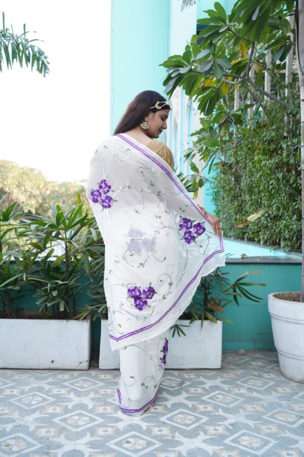 Elegant georgette Saree with Sequins Floral Jaal Work Hand Embroidery - Image 4
