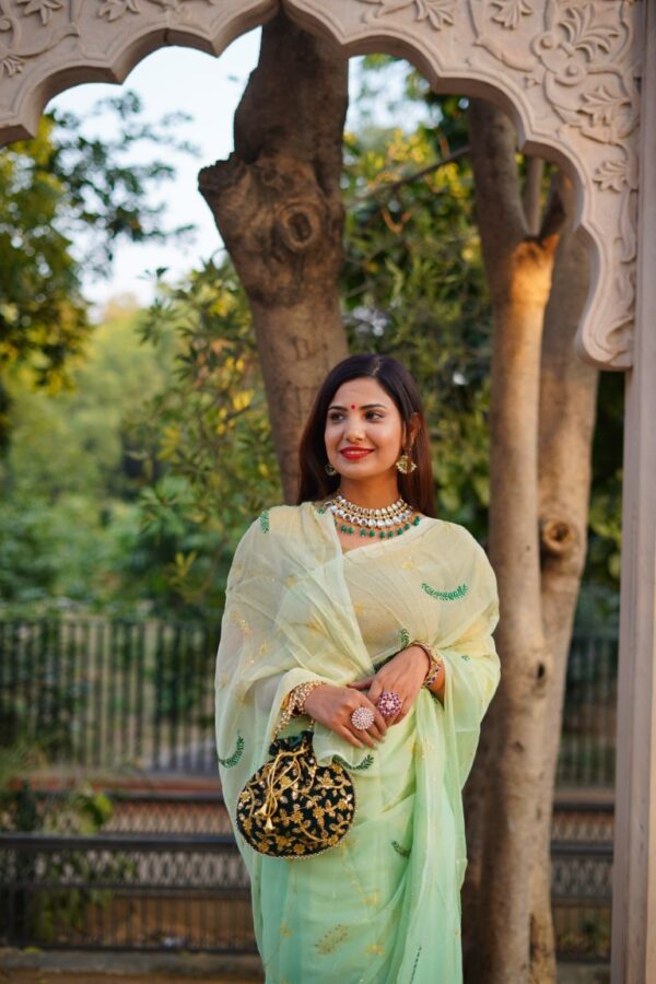 Hand Embroidered Diamond Chiffon Saree with Delicate Jaal Work – Elegant Pastel Green Drape - Image 4
