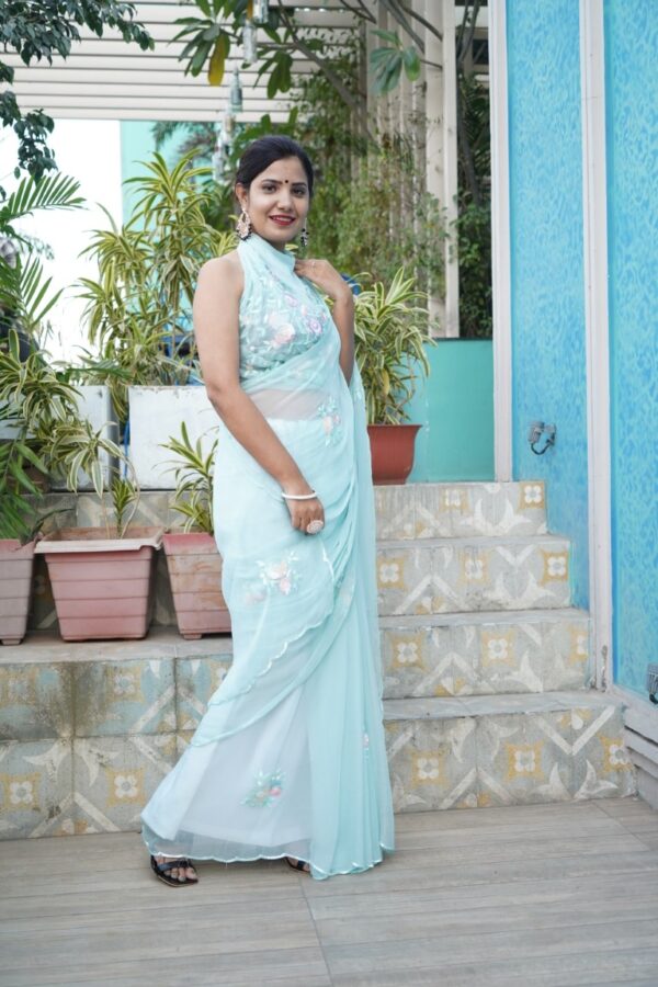 Pastel Blue Hand Embroidered Diamond Chiffon Saree with Thread work - Image 4