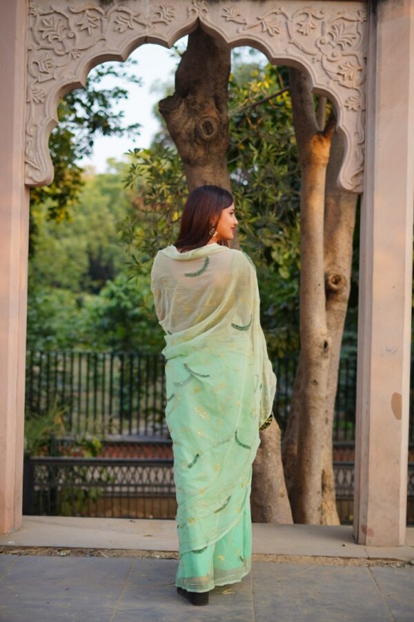 Hand Embroidered Diamond Chiffon Saree with Delicate Jaal Work – Elegant Pastel Green Drape - Image 2