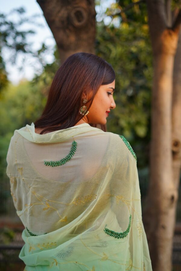 Hand Embroidered Diamond Chiffon Saree with Delicate Jaal Work – Elegant Pastel Green Drape - Image 3