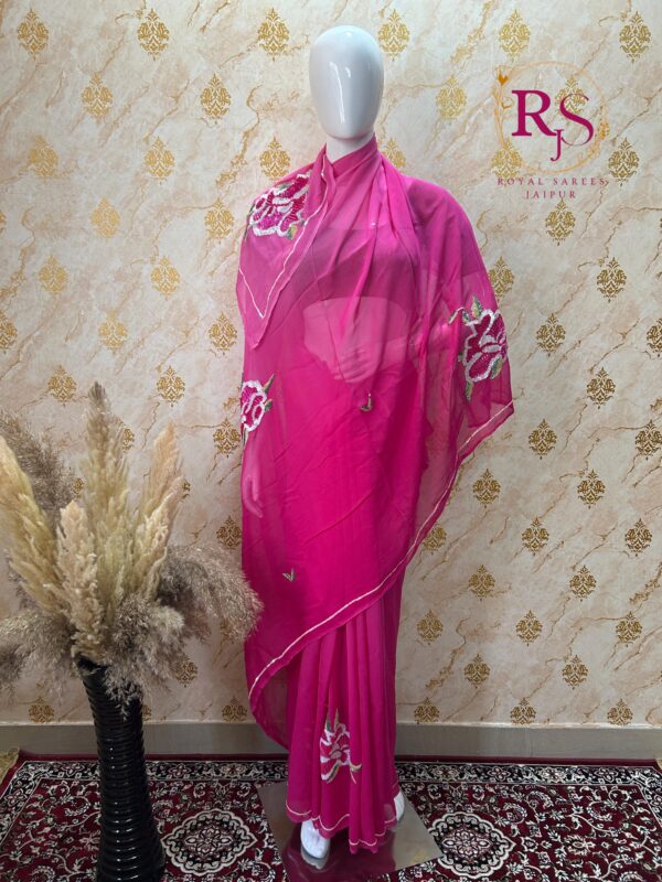 Radiant Pink Hand-Embroidered Georgette Saree – Elegant Party & Festive Wear