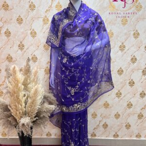 Royal Purple Hand Embroidered Diamond Chiffon Saree with Jaal Work and Intricate Border