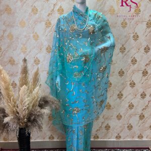 Elegant Sky Blue Hand Embroidered Diamond Chiffon Saree with Sequins Jaal Work