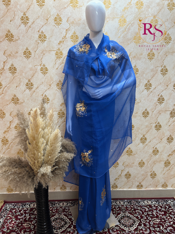 Royal Blue Hand-Embroidered Diamond Chiffon Saree with Floral Sequins And Zari Work