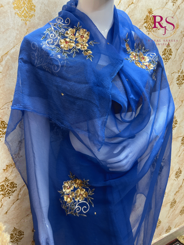 Royal Blue Hand-Embroidered Diamond Chiffon Saree with Floral Sequins And Zari Work - Image 2