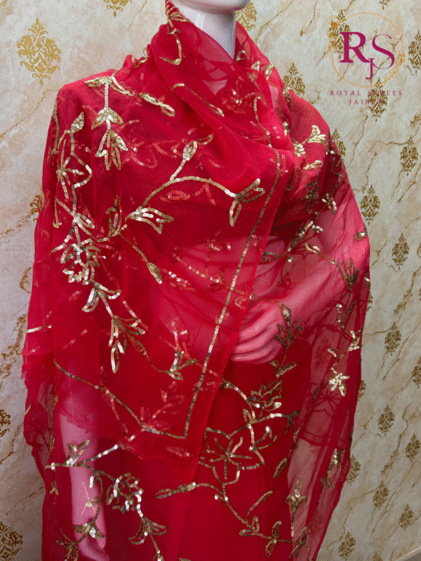 Royal Red Hand‑Embroidered Diamond Chiffon Saree with Luxurious Golden Sequin Jaal Work - Image 2