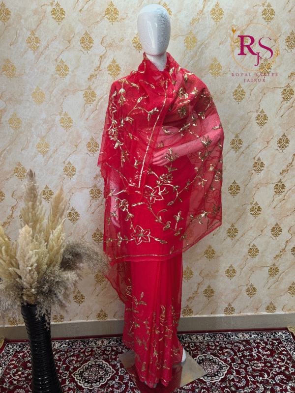 Royal Red Hand‑Embroidered Diamond Chiffon Saree with Luxurious Golden Sequin Jaal Work