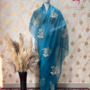 Teal Blue Hand Embroidered Diamond Chiffon Saree with Zari Floral Motifs