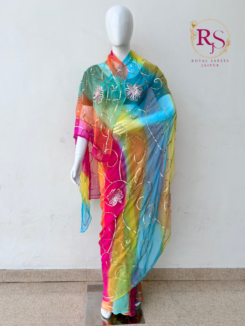 Multicolor Diamond Chiffon Saree with Hand Embroidered Sequins Jaal Work