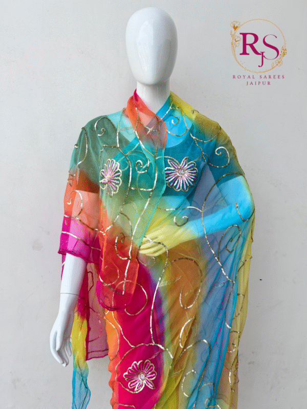 Multicolor Diamond Chiffon Saree with Hand Embroidered Sequins Jaal Work - Image 2