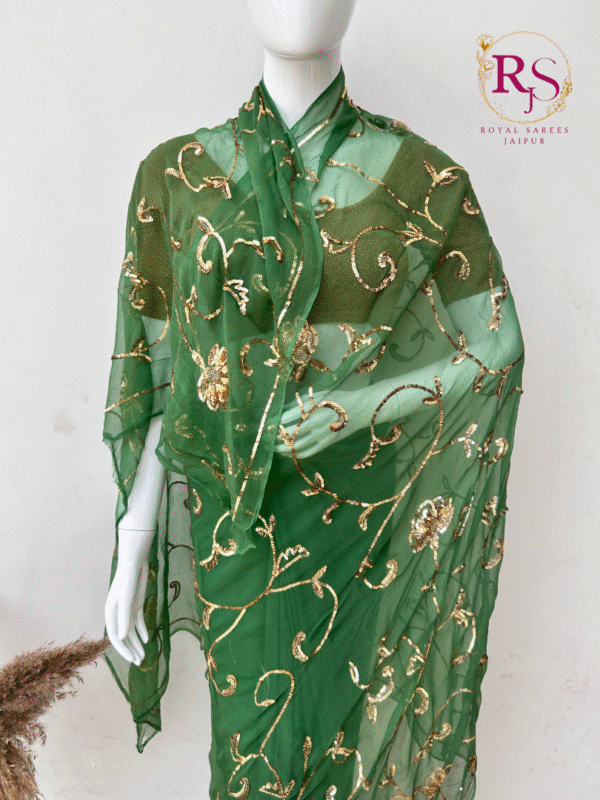 Emerald Green Diamond Chiffon Saree with Hand Embroidered Golden Sequins Jaal Work - Image 2