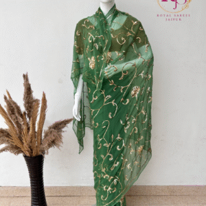 Emerald Green Diamond Chiffon Saree with Hand Embroidered Golden Sequins Jaal Work