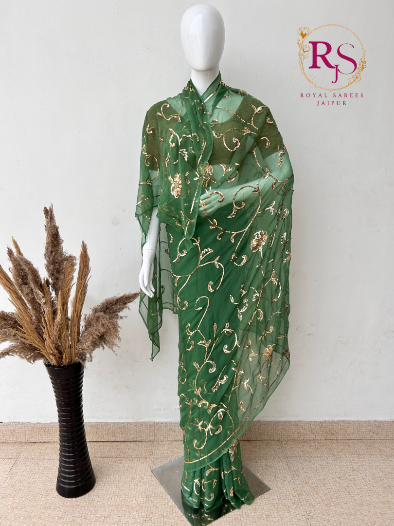Emerald Green Diamond Chiffon Saree with Hand Embroidered Golden Sequins Jaal Work