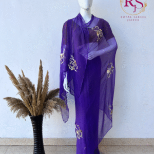 Royal Purple Diamond Chiffon Saree with Golden Peacock Motif Hand Embroidery