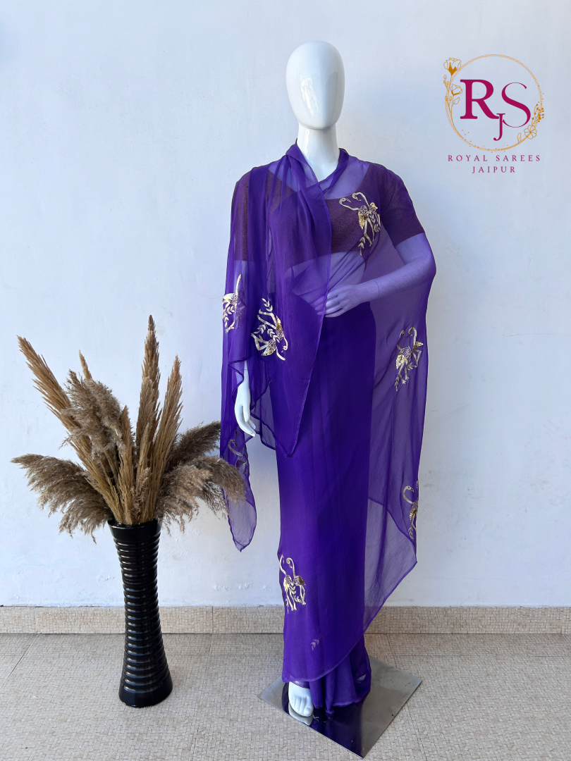 Royal Purple Diamond Chiffon Saree with Golden Peacock Motif Hand Embroidery