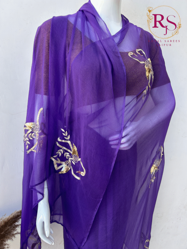 Royal Purple Diamond Chiffon Saree with Golden Peacock Motif Hand Embroidery - Image 2