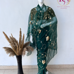 Forest Green Diamond Chiffon Saree with Golden Sequins Leaf Jaal Work