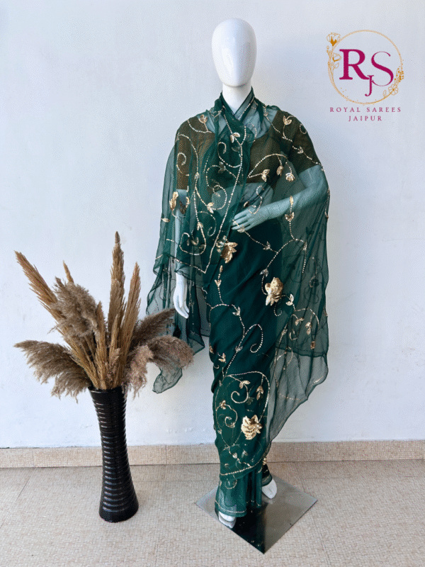 Forest Green Diamond Chiffon Saree with Golden Sequins Leaf Jaal Work