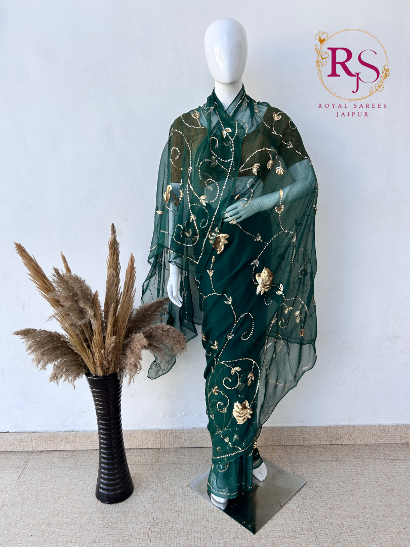 Forest Green Diamond Chiffon Saree with Golden Sequins Leaf Jaal Work