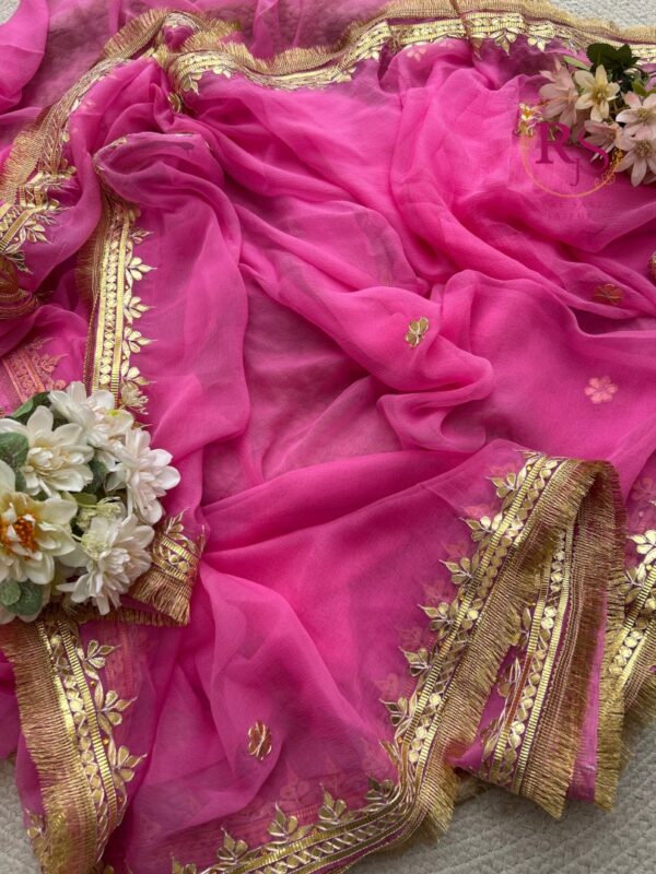 Pink Diamond Chiffon Saree with Traditional Gota Patti Leaf Hand Work and Golden Fringe Border. - Image 2